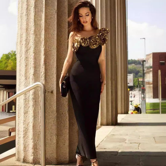 Fashionable Golden Flower Dress Women&